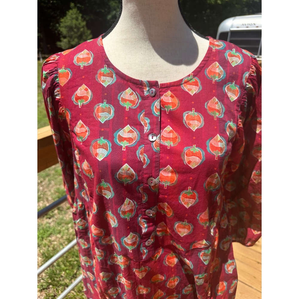 Gudrun Sjoden Red Leaf Print Organic Cotton Tiered Midi Dress Women Size S Artsy - Picture 4 of 8